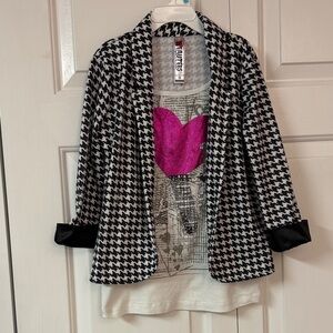 Beautees Black and White Houndstooth Blouse with Pink Heart